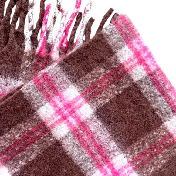 Anthropology Fringe Trim Blanket Scarf Brown Pink Plaid 100% Recycled Polyester - Picture 7 of 9